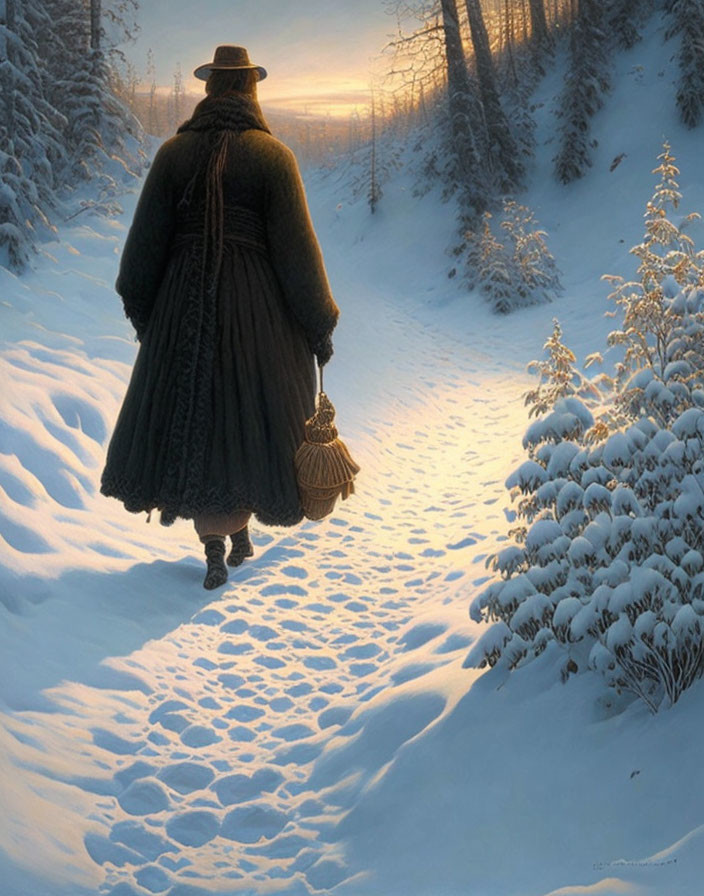 Person in vintage clothing walking on snowy forest path at sunset with broom