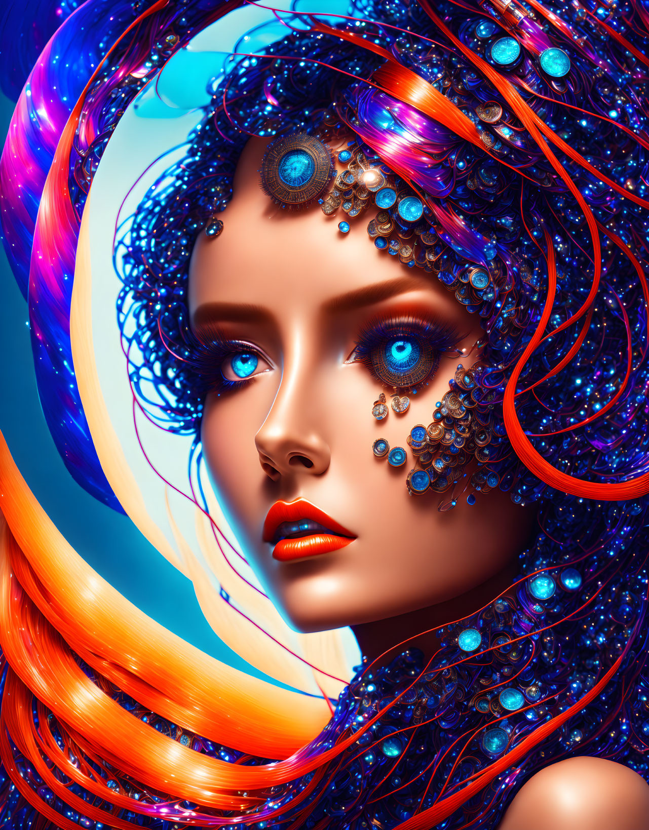 Vibrant blue hair with cosmic patterns and gem embellishments portrait.