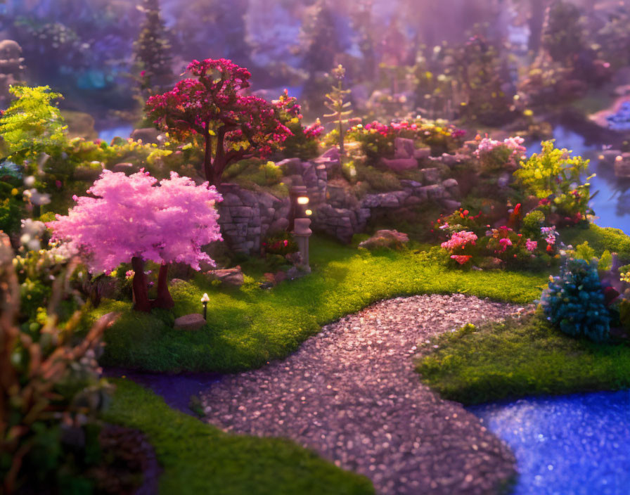 Miniature garden with flowering trees, pebble path, blue stream, and lush greenery