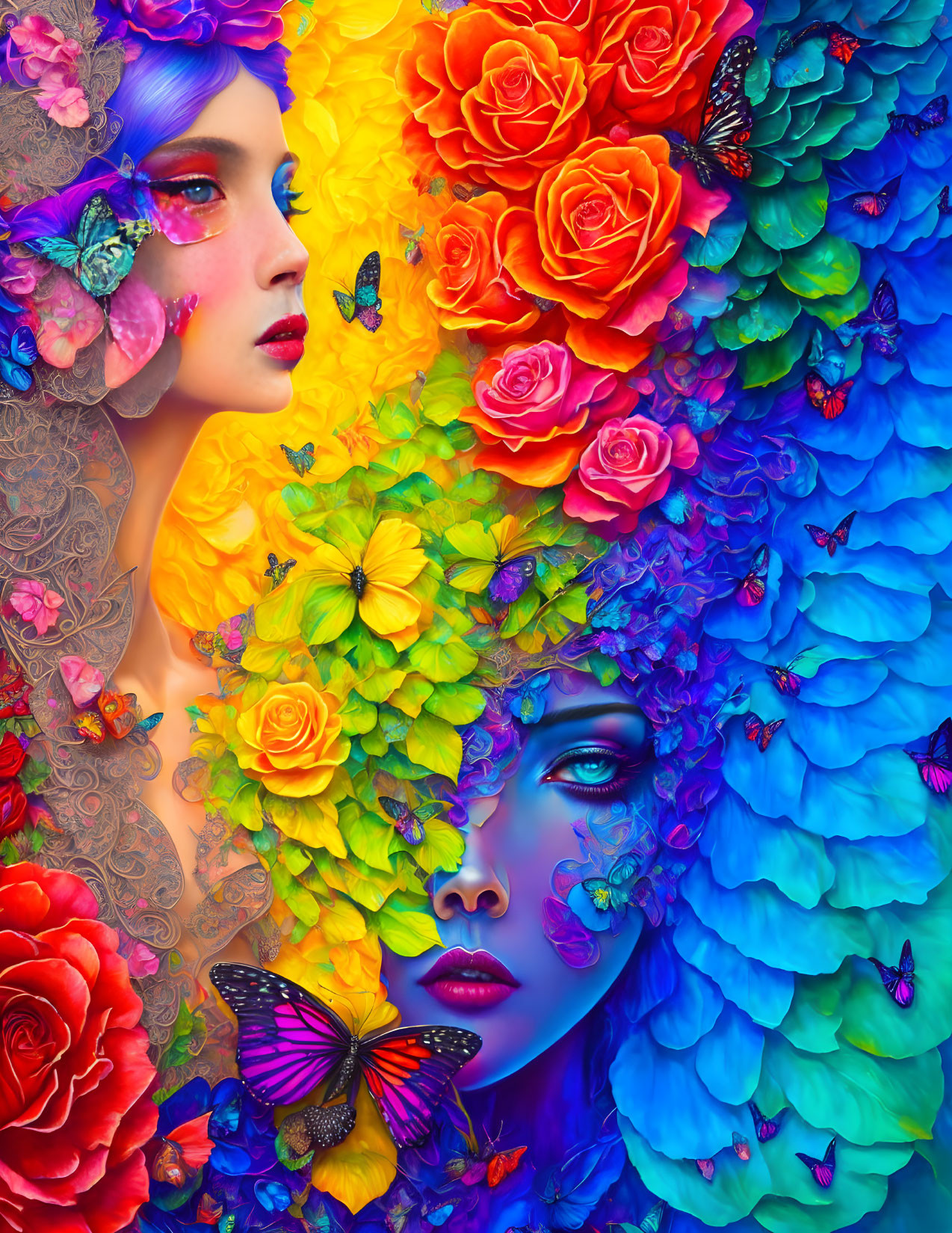 Colorful digital artwork of two women's faces with floral and butterfly elements on bright background