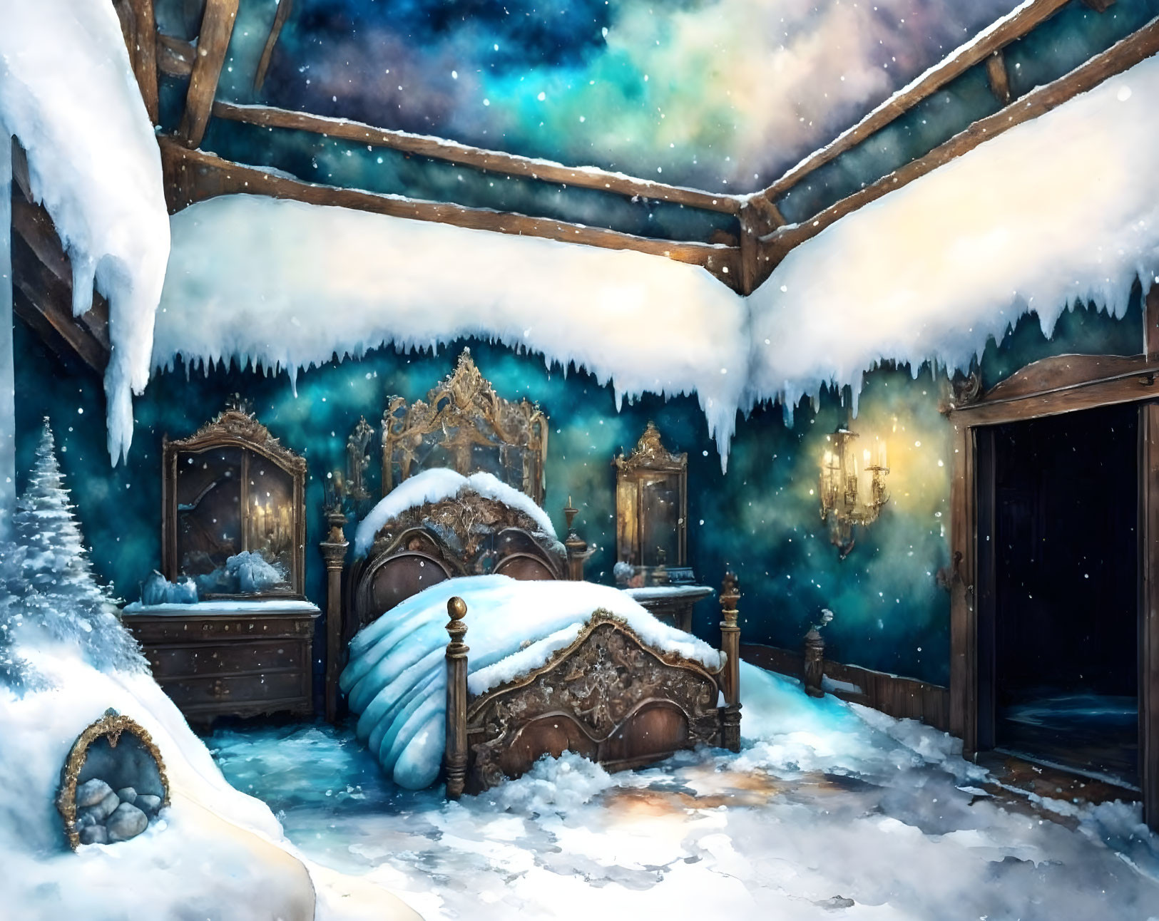 Winter bedroom scene with open roof, starry sky, snow-covered furniture.