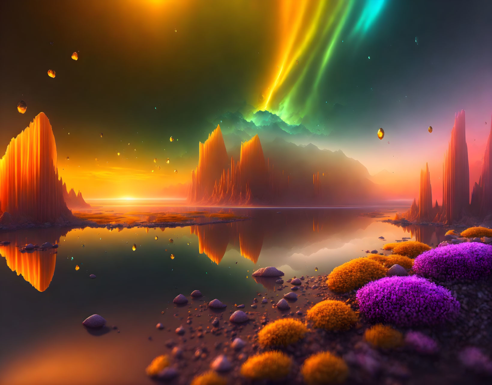 Vibrant sunset landscape with auroras, rock formations, and colorful flora