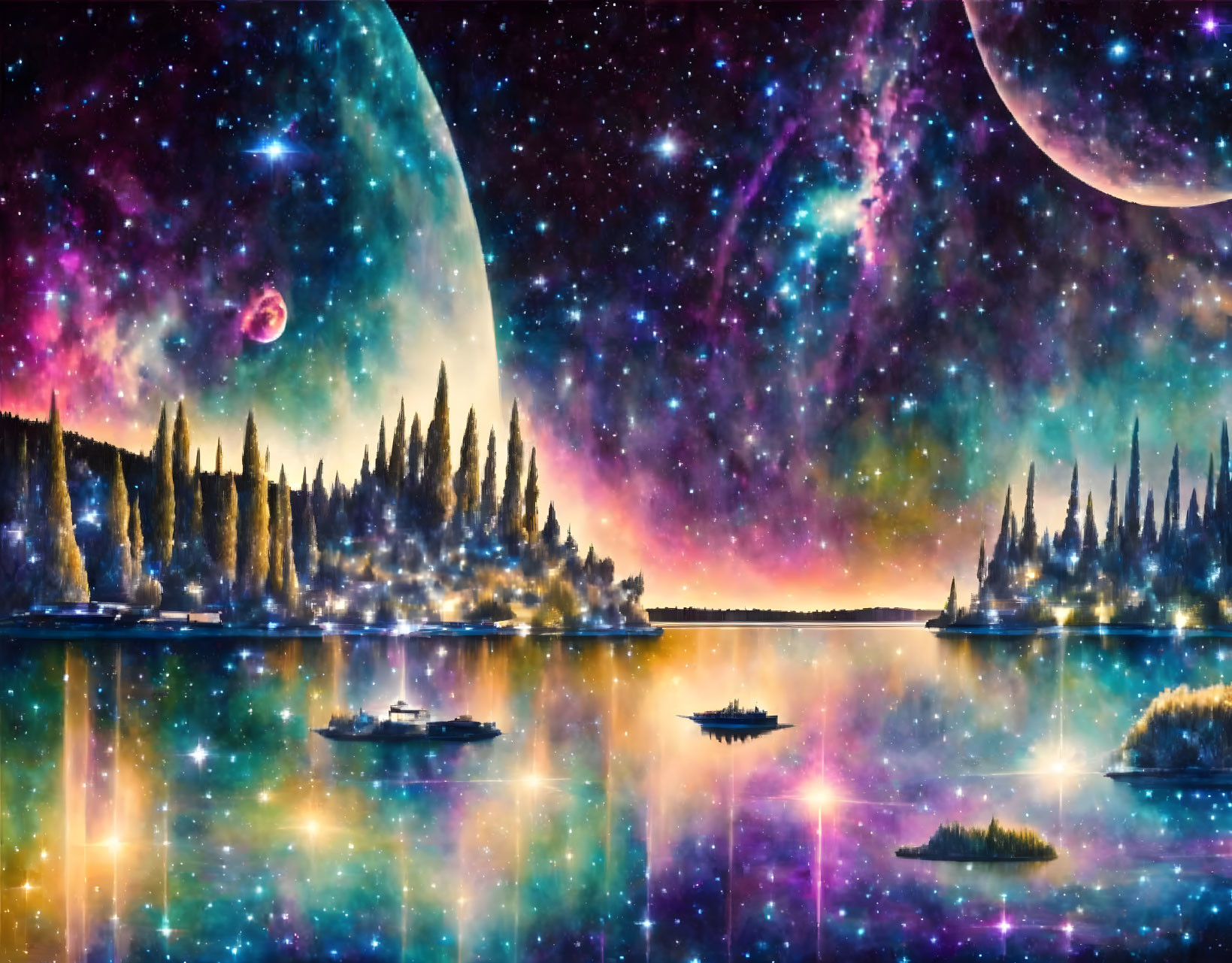 Colorful cosmic painting of serene lake, boats, trees, starry sky, nebulae.