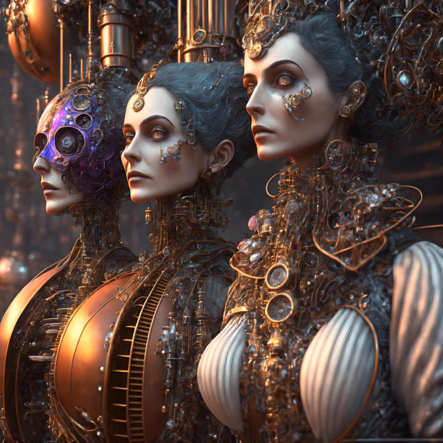 Steampunk-styled female figures with mechanical features on ornate background