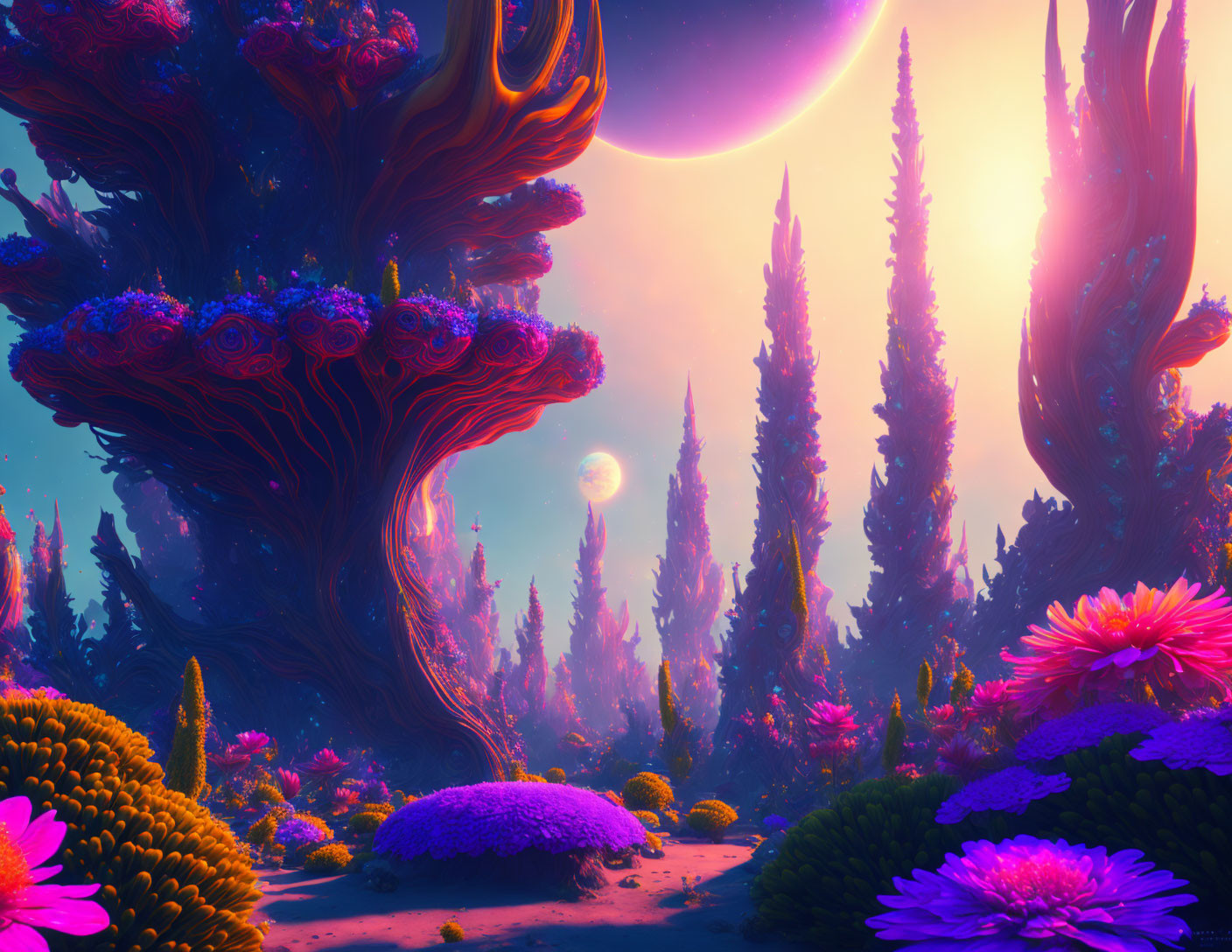 Alien landscape with purple foliage, towering trees, and two moons