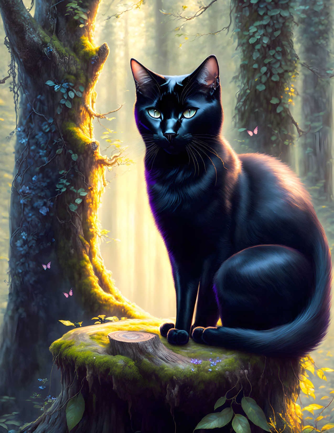 Black Cat with Blue Eyes in Mystical Forest with Butterflies