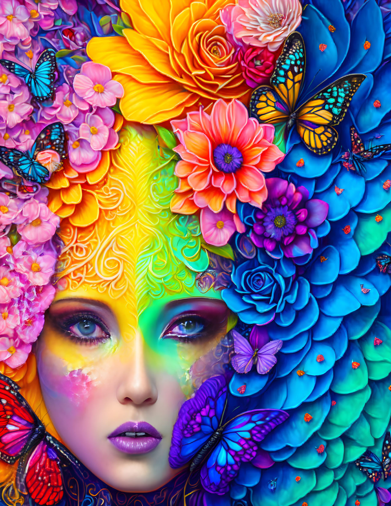 Colorful portrait featuring floral and butterfly makeup in vibrant mosaic.