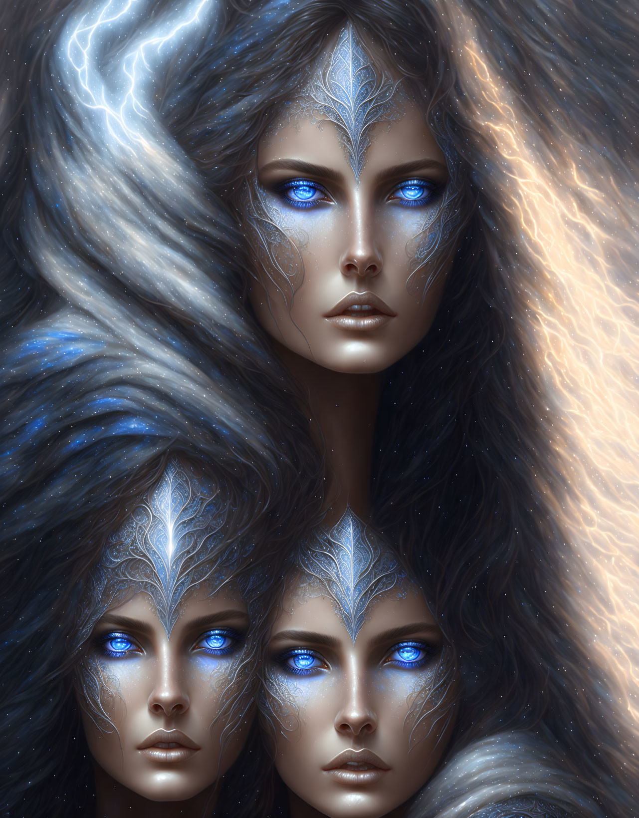 Three ethereal female entities with radiant blue eyes and cosmic hair.