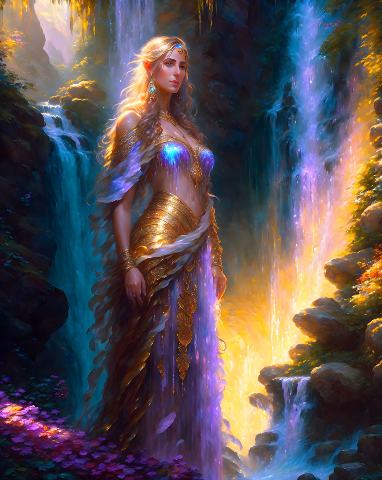 Ethereal woman in gold-accented robes near waterfall