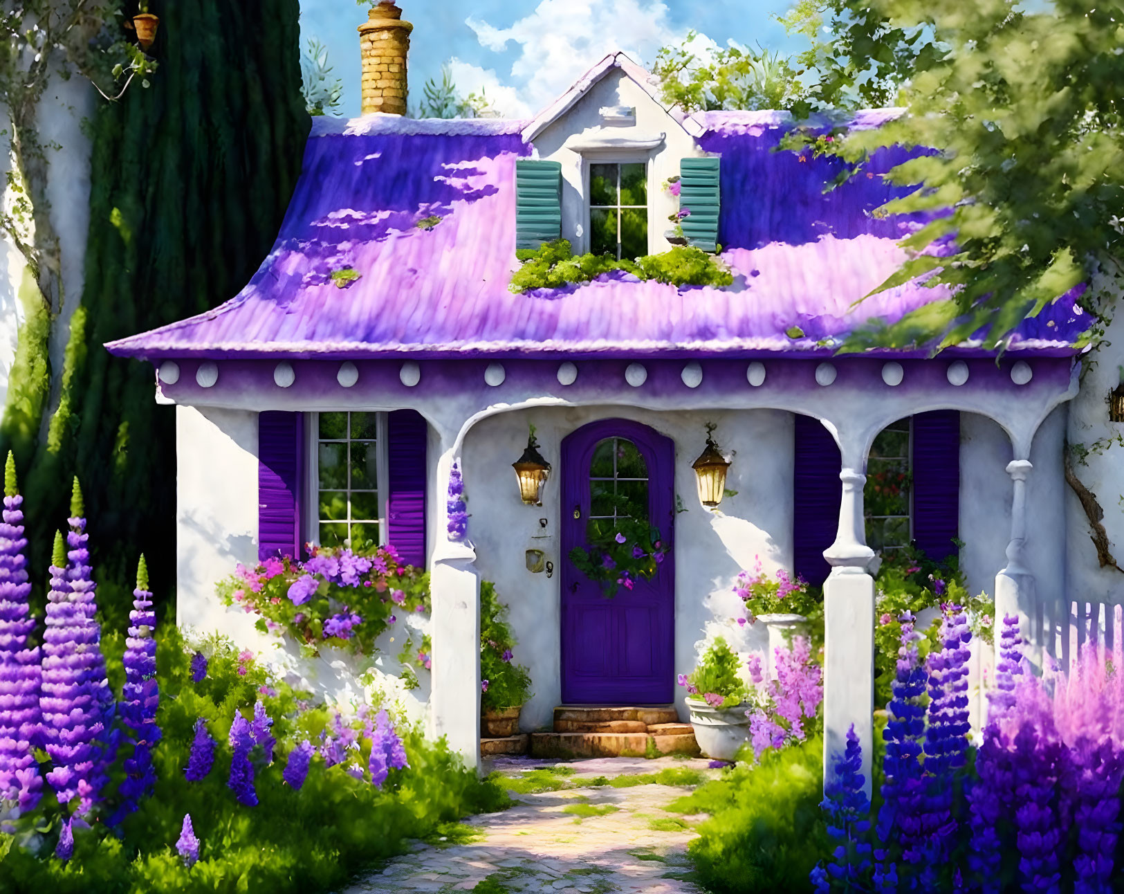 White Cottage with Purple Roof and Shutters Surrounded by Flowers and Greenery