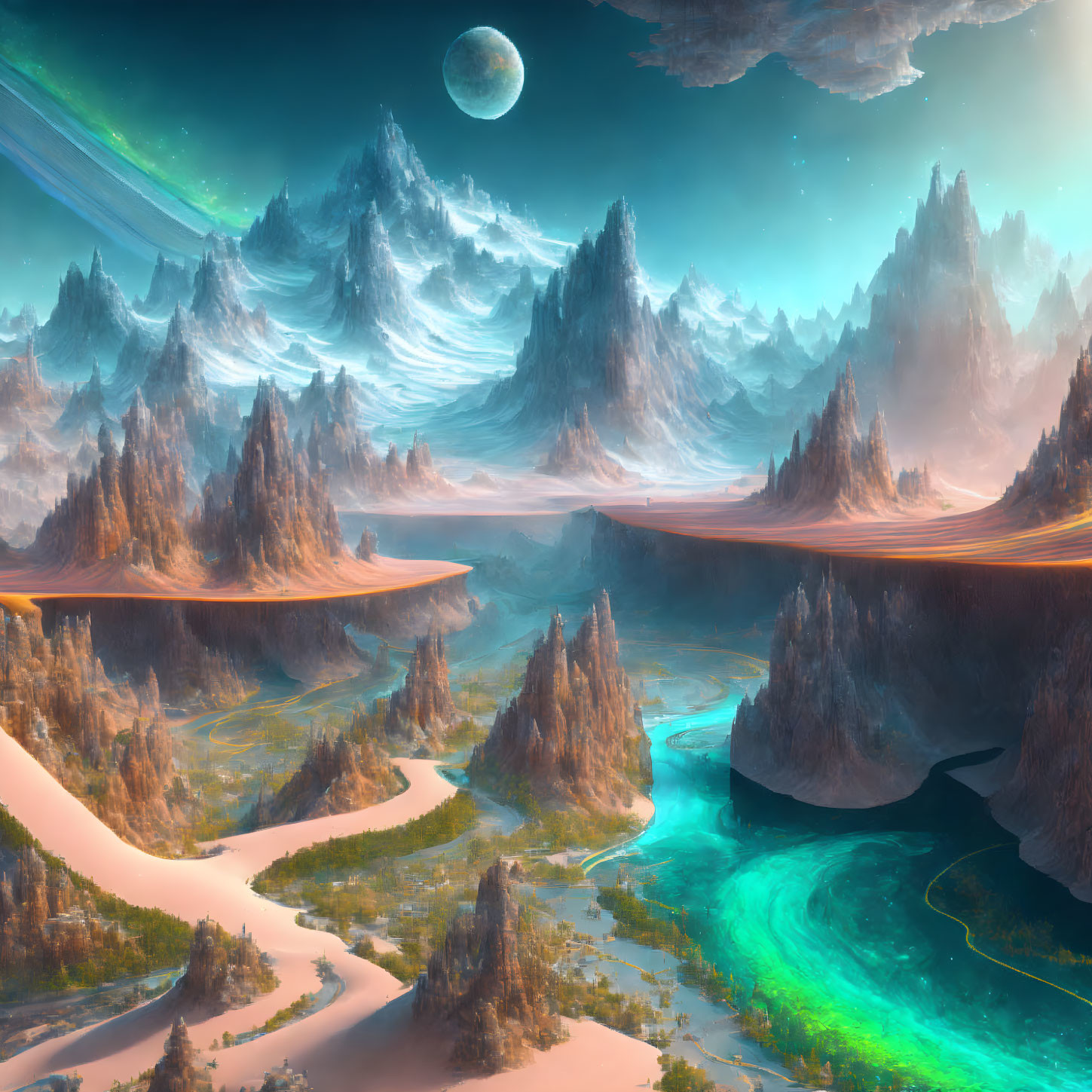 Fantastical landscape with turquoise rivers, sandy paths, misty mountains, and celestial sky.