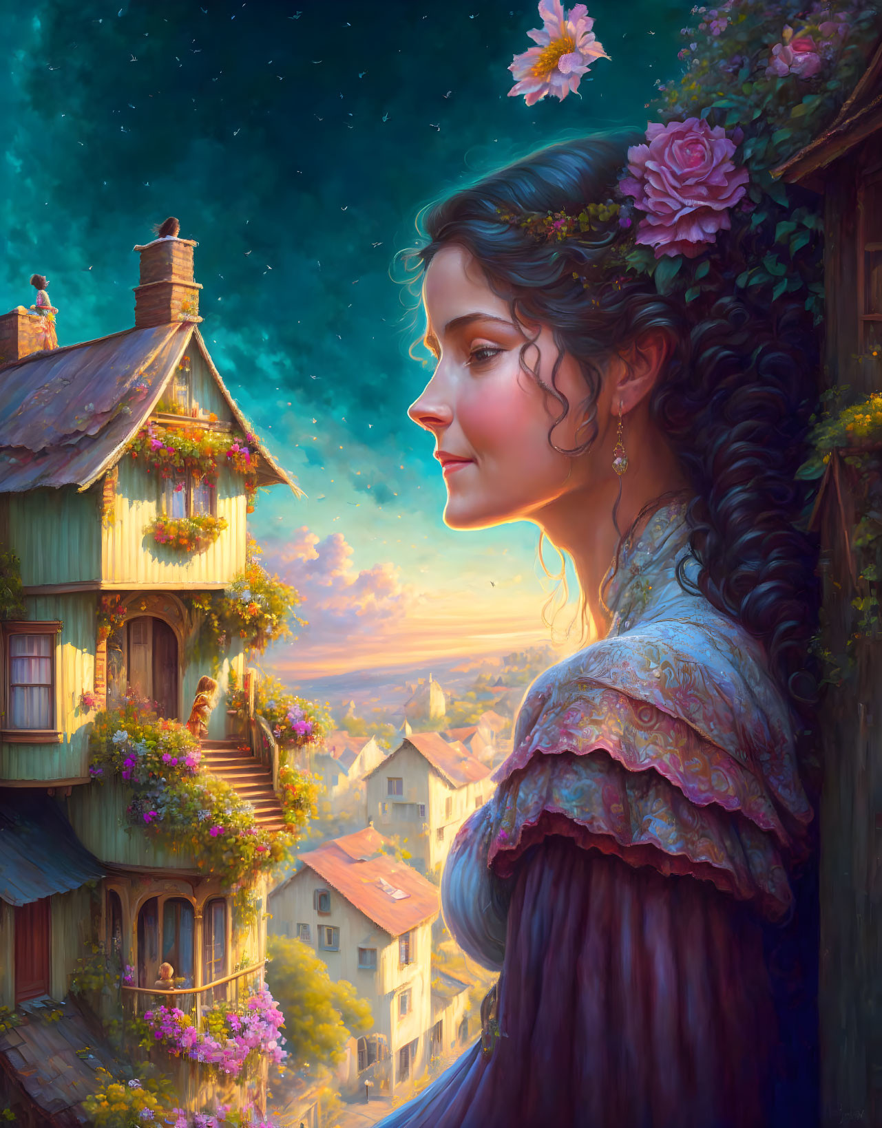 Vintage dress woman overlooking quaint village at dusk