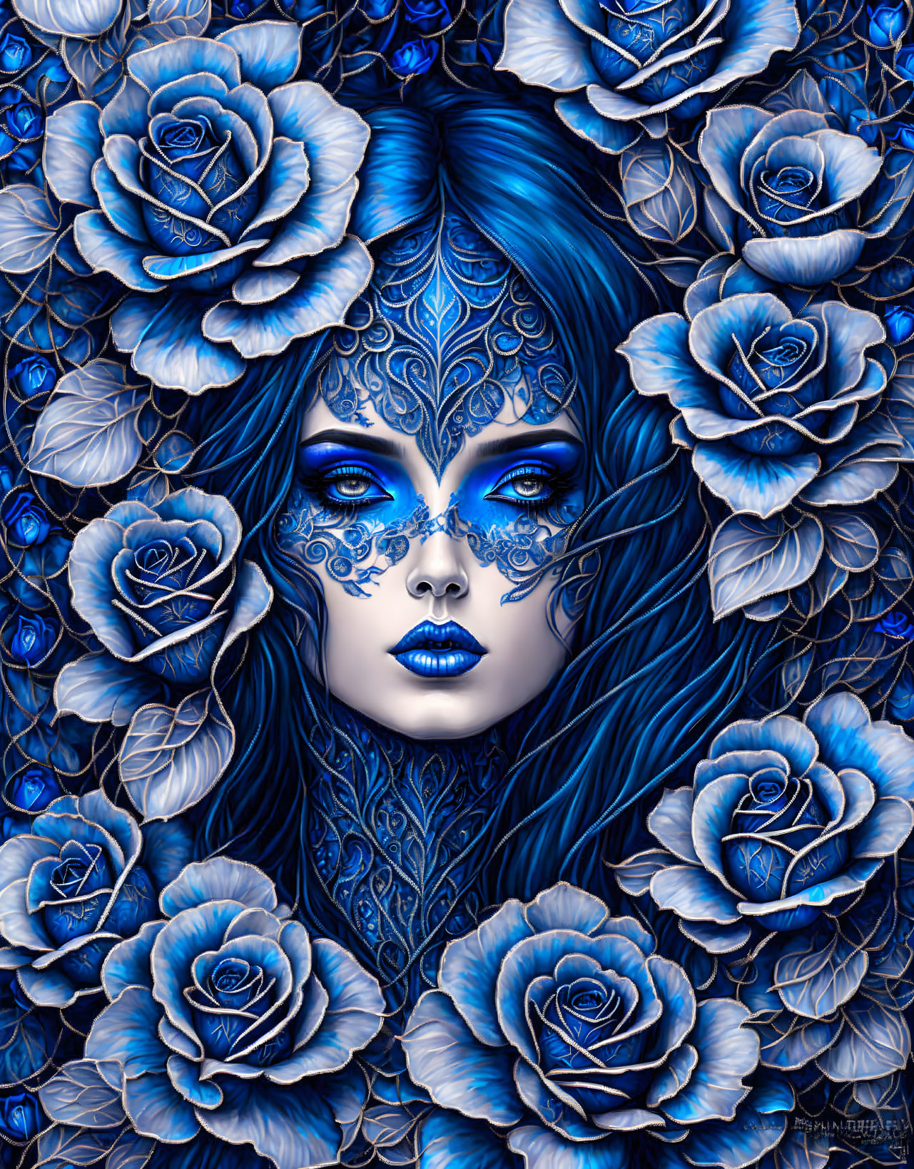 Ethereal surreal portrait of a woman with blue skin and blue roses