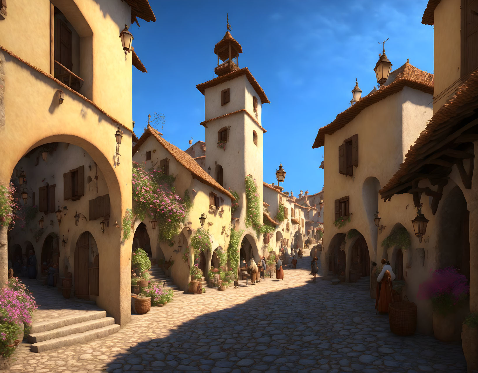 Traditional European village street with cobblestone pathways, arches, balconies, and residents.