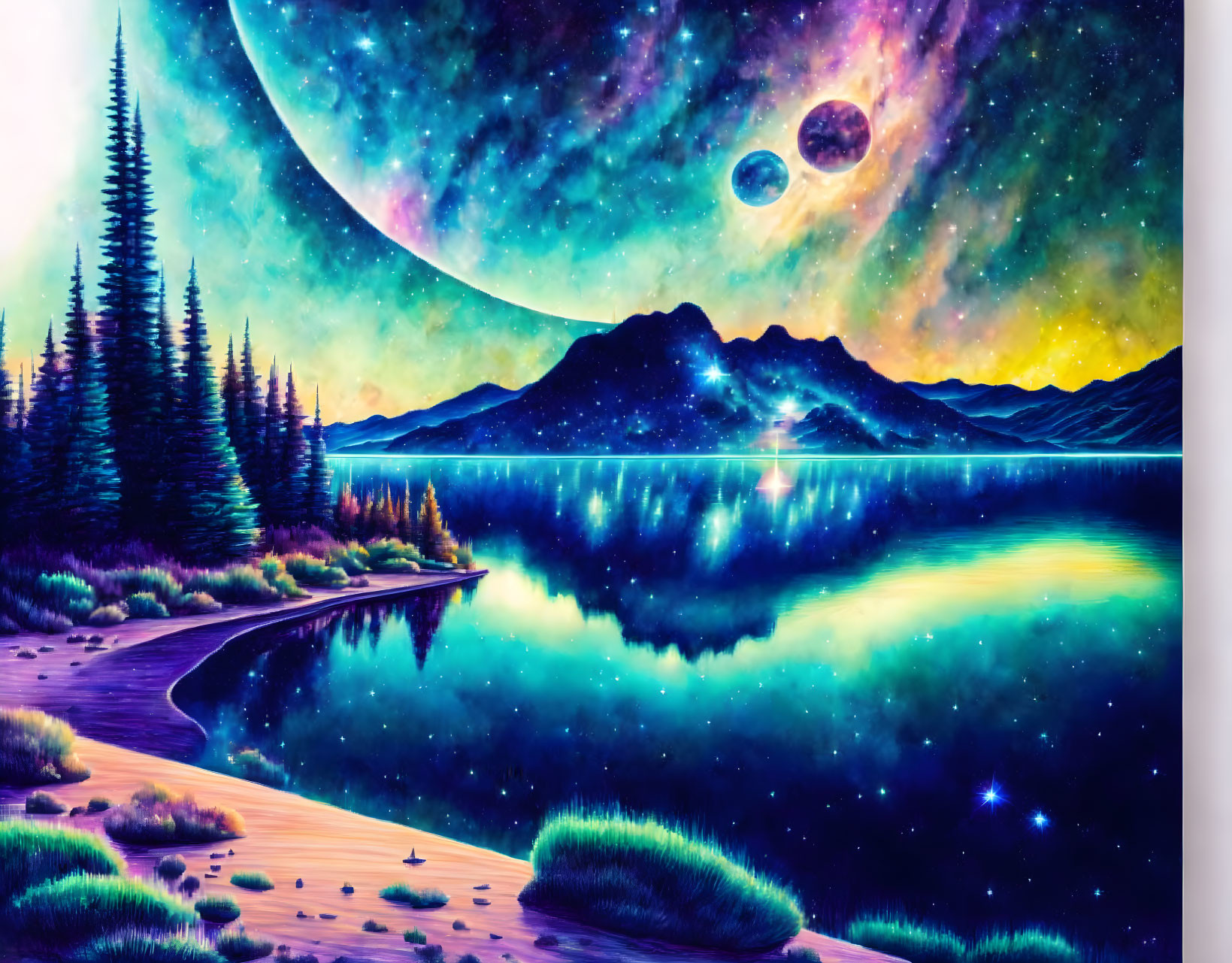 Nighttime lakeside painting with mountain, star-filled sky, moon, and planets