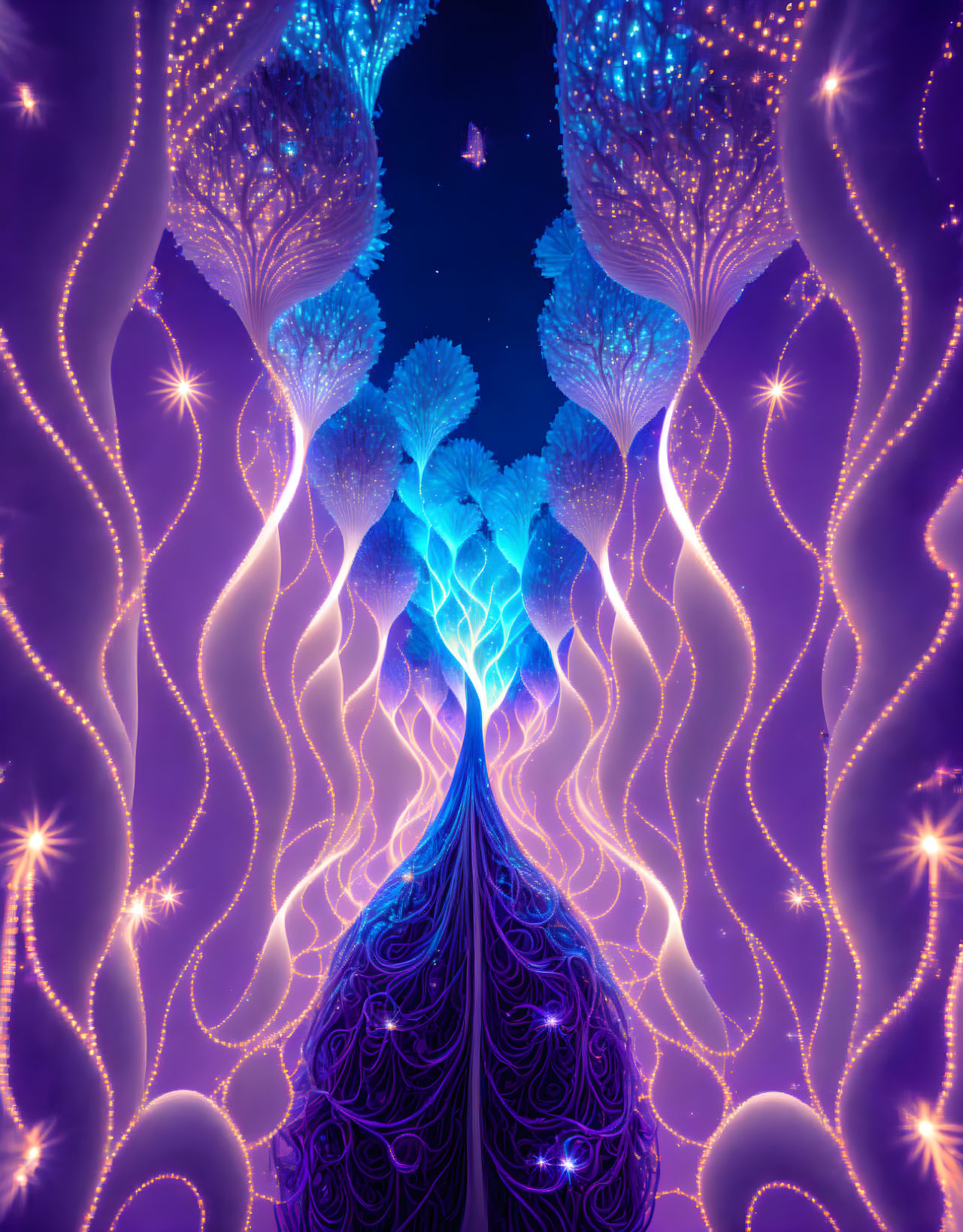 Intricate neon-lit tree against starry purple backdrop