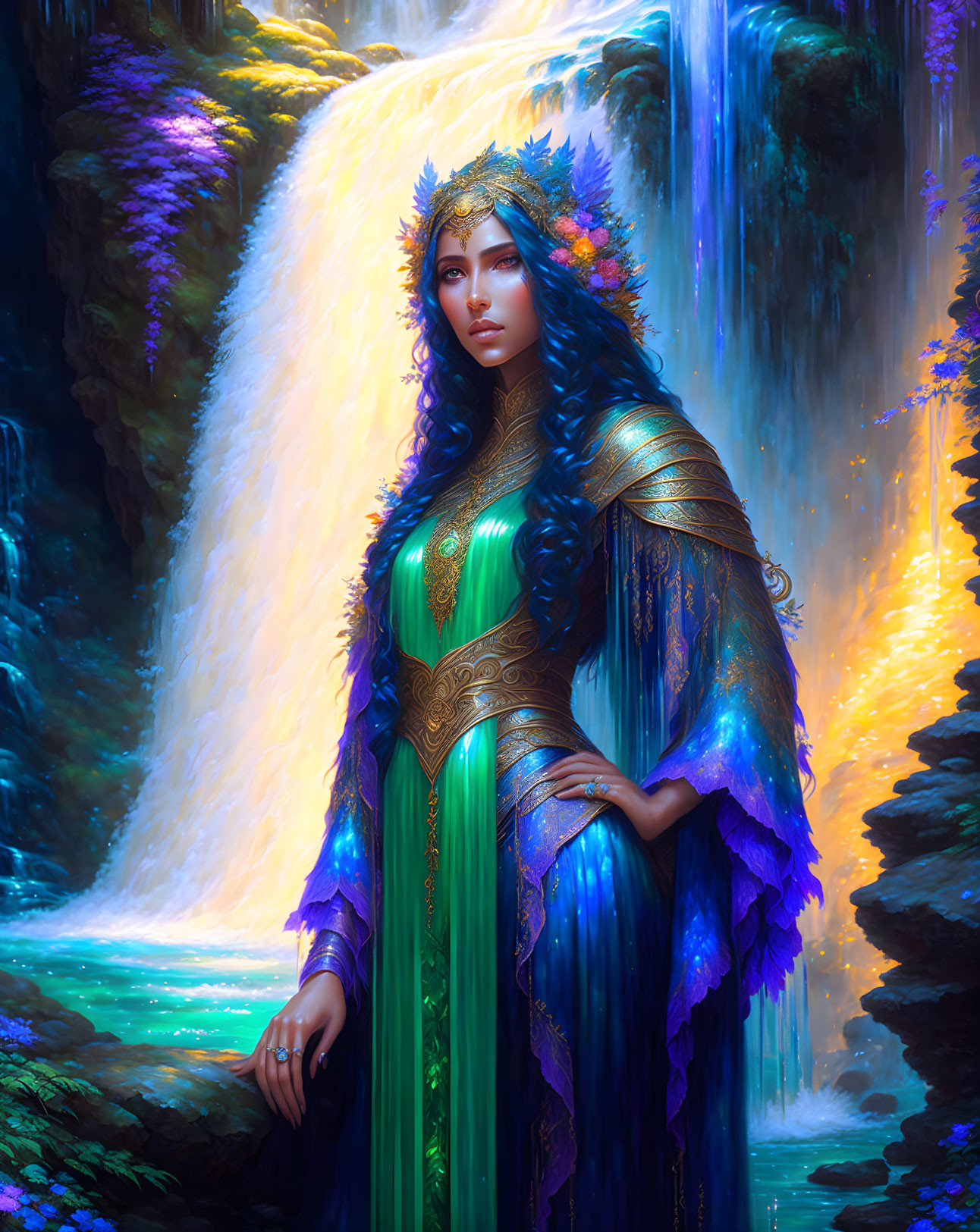 Regal woman in blue and gold attire by a waterfall