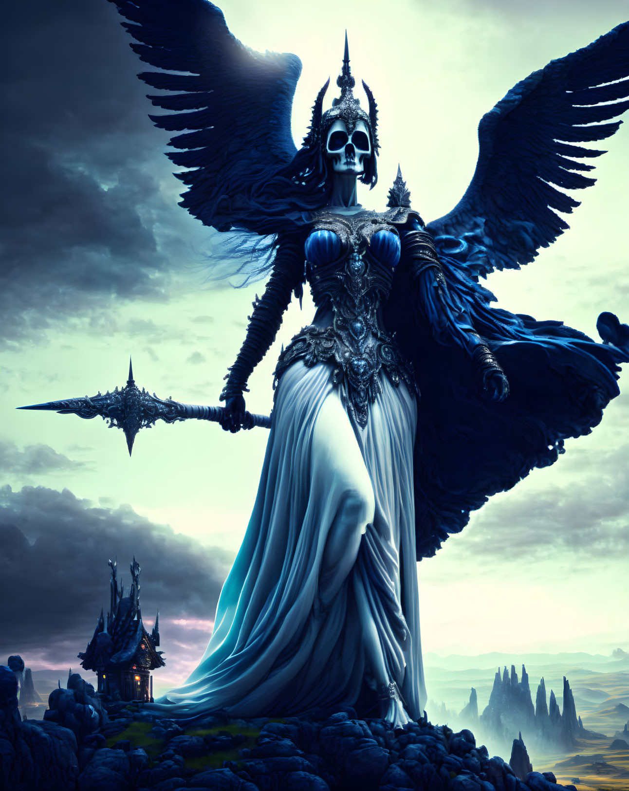 Dark figure in skull mask and black wings before dramatic sky and eerie castle