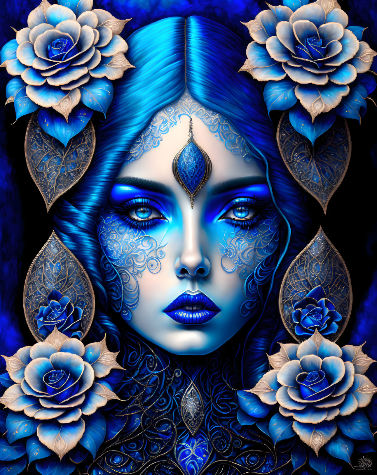 Blue-skinned woman with silver patterns and blue roses on dark background