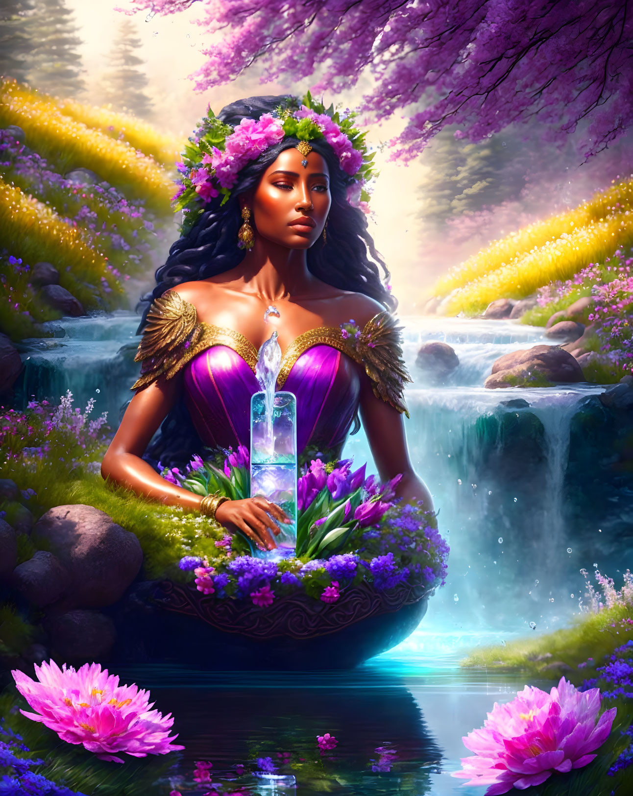 Regal woman in floral crown and purple gown with mystical water landscape