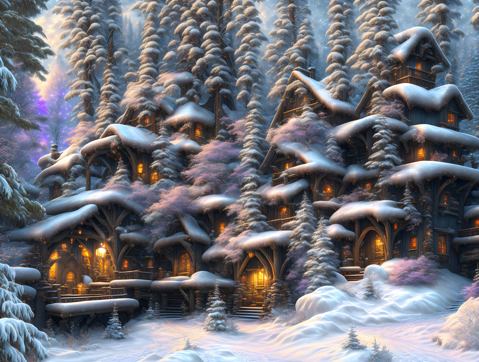 Snow-covered pine trees and cozy cabins in a frosty forest at dusk