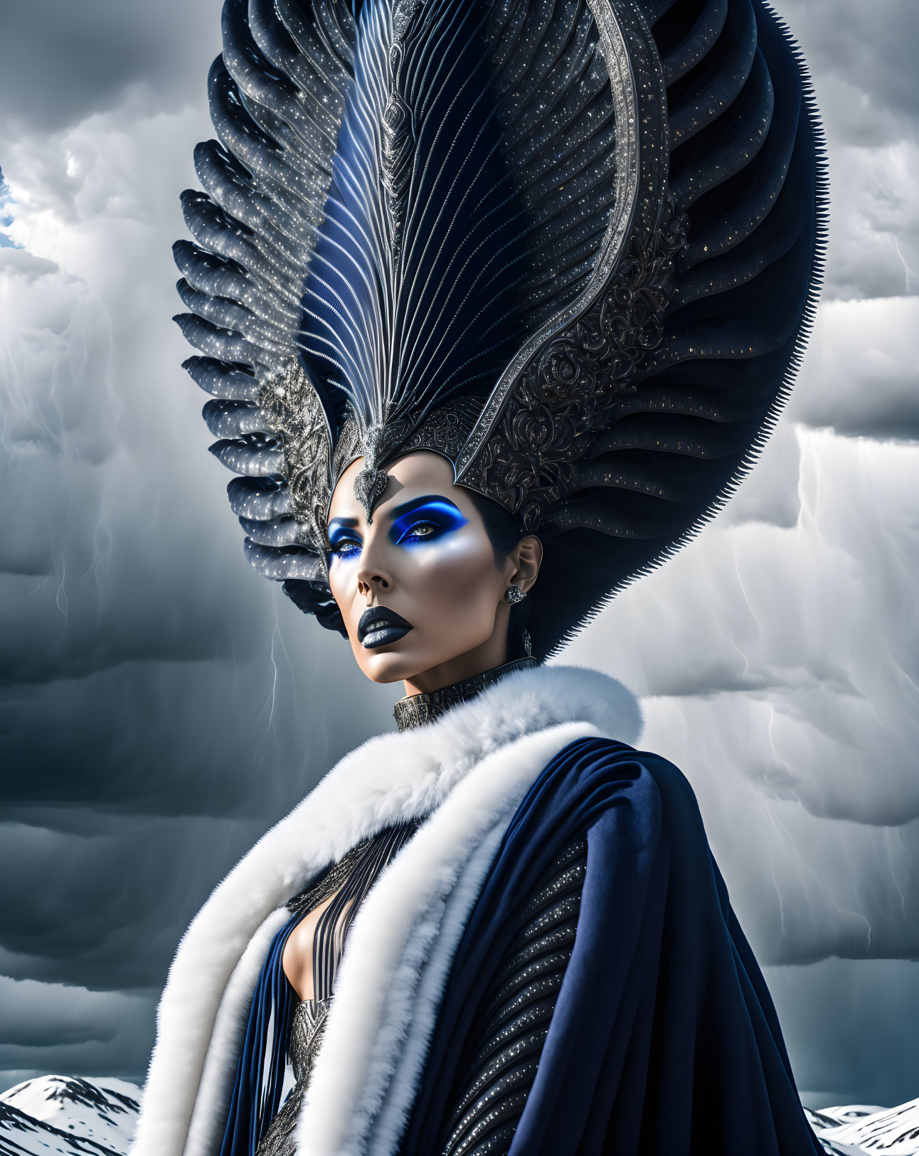 Regal figure with ornate headdress and blue makeup in icy landscape