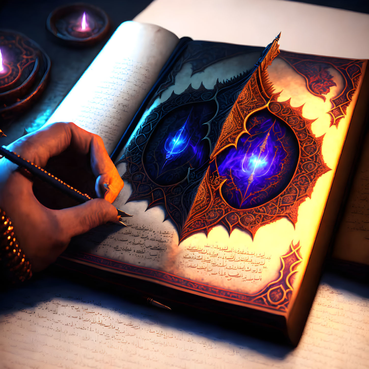 Intricate glowing blue symbols on magical book with quill nearby