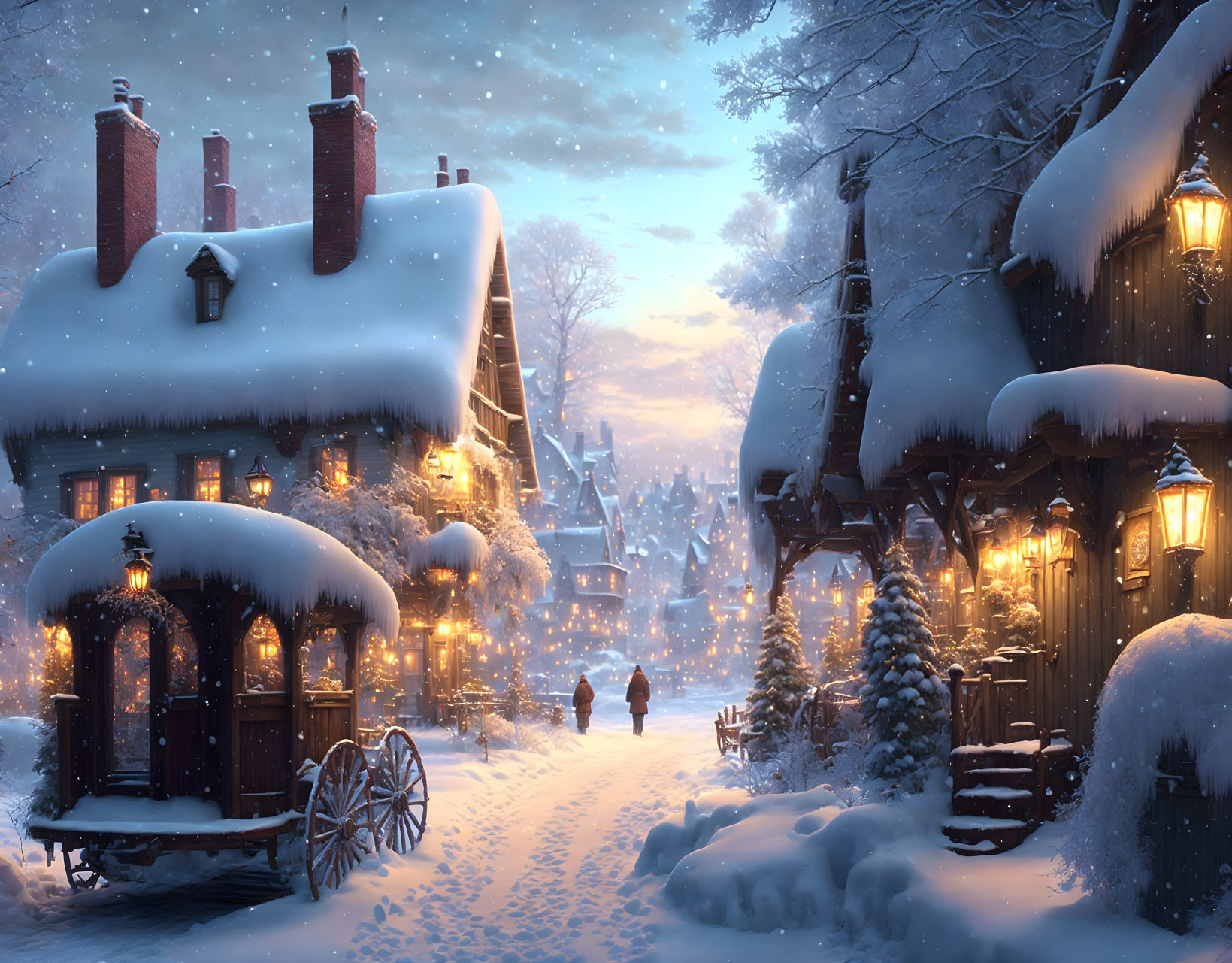 Snow-covered village with illuminated houses, horse-drawn carriage, and people walking at twilight.