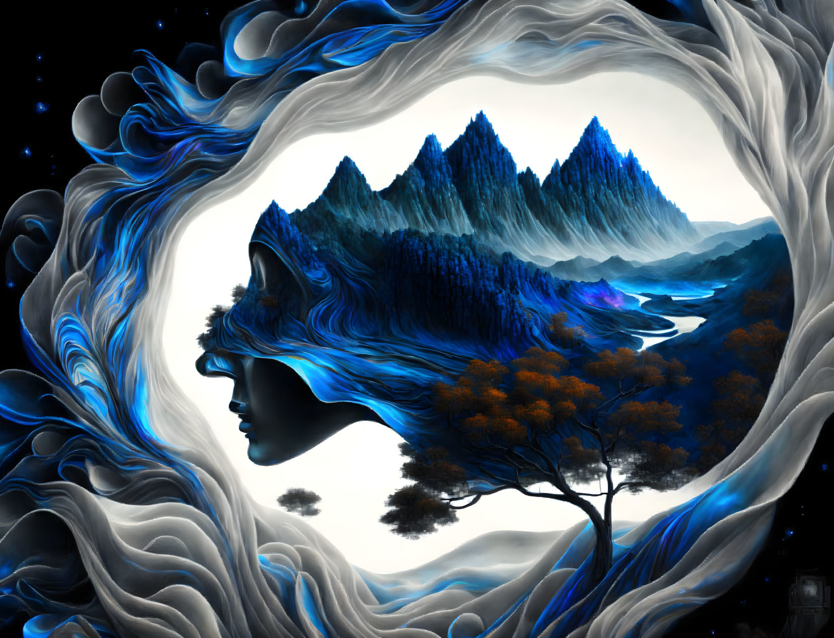 Surreal profile of a woman in landscape with cosmic swirl