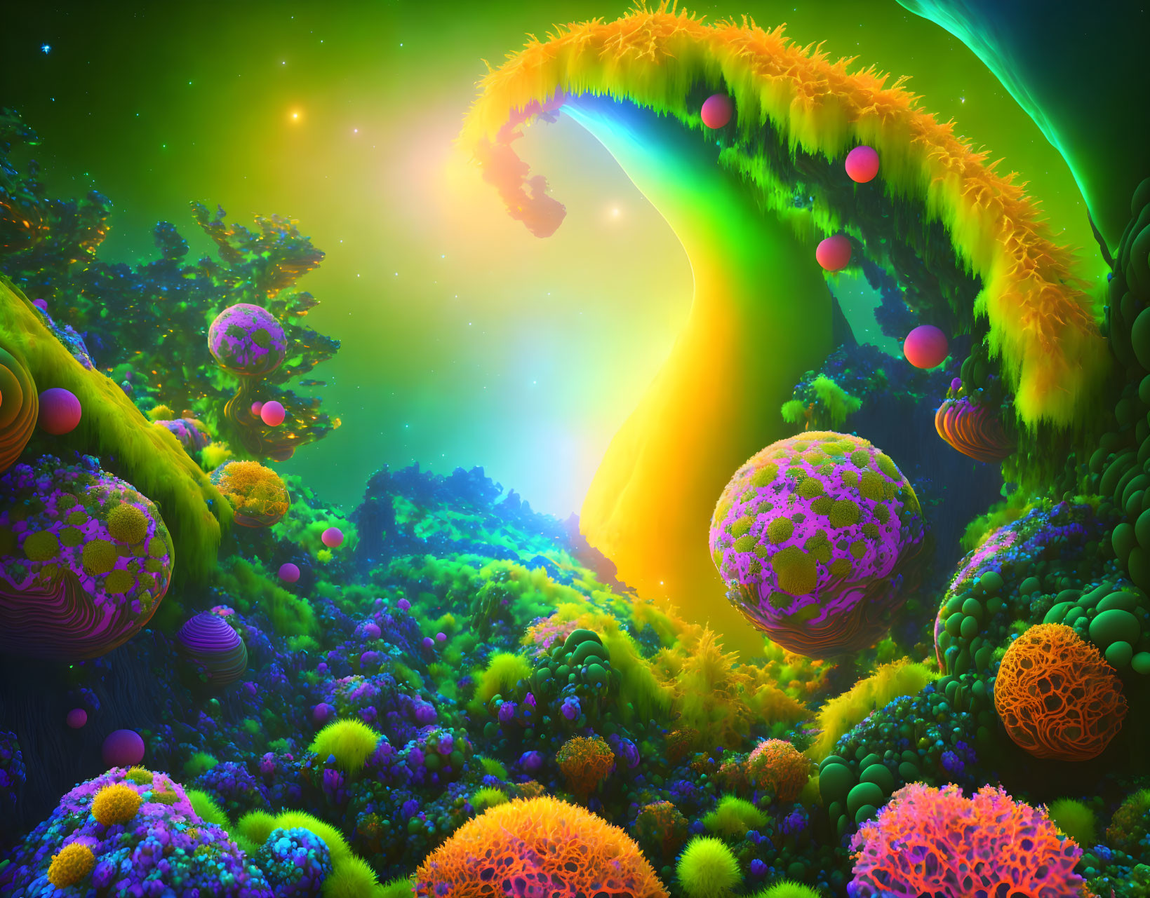 Colorful Psychedelic Landscape with Fantastical Flora and Glowing Lights