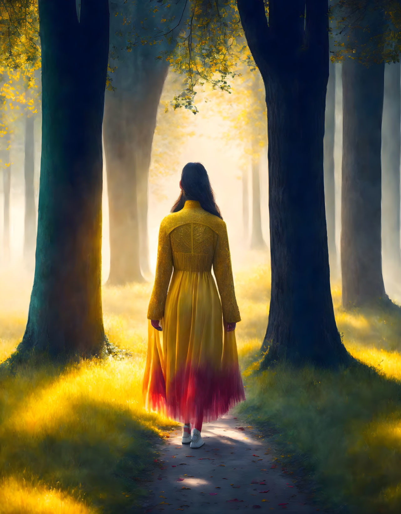 Woman in Yellow Dress Walking Through Sunlit Forest Path