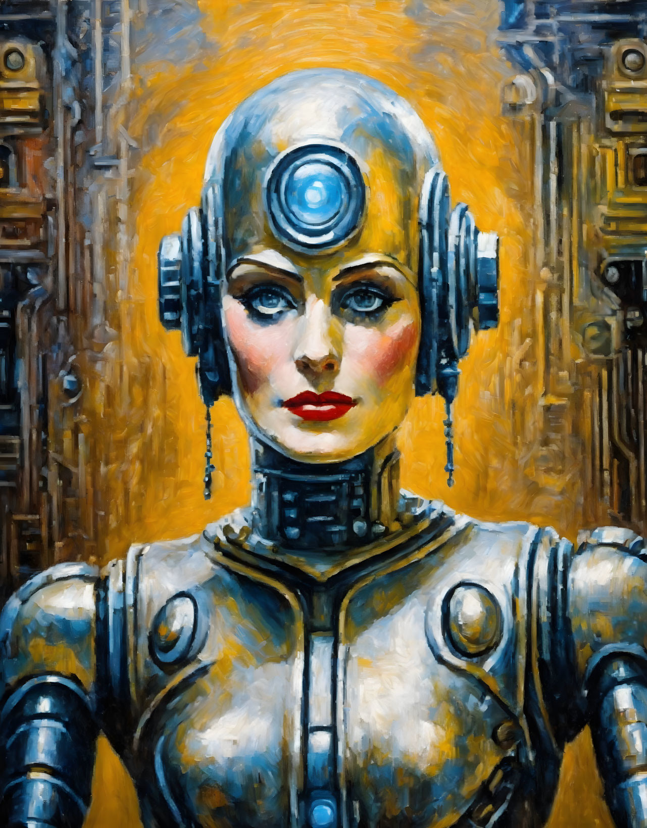 Female Robot Oil Painting with Vibrant Red Lips and Mechanical Background