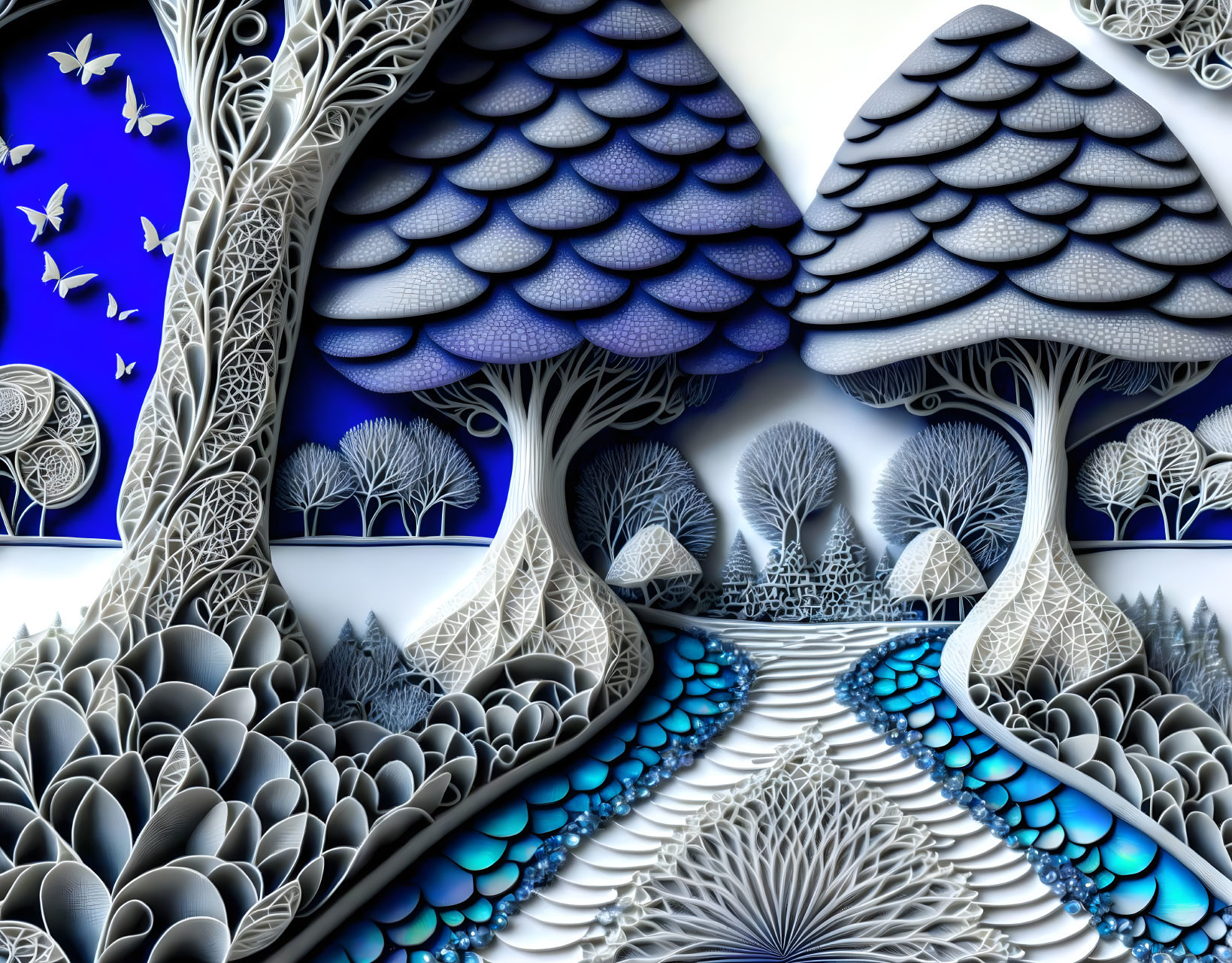 Symmetrical blue and white tree artwork with birds on vibrant background