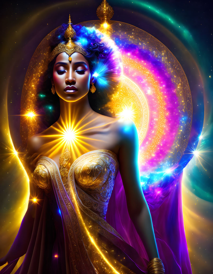 Ethereal woman with golden adornments in cosmic setting