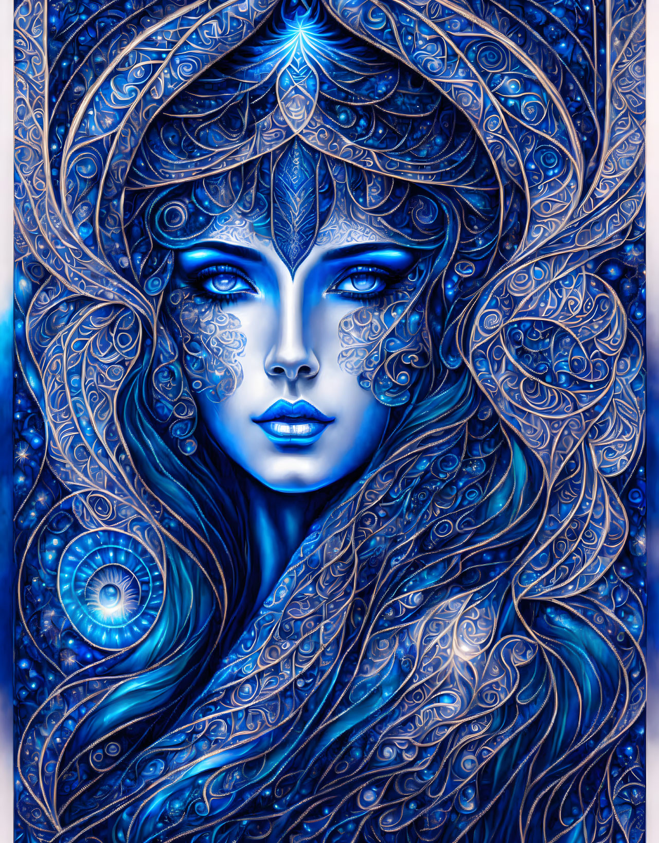 Detailed blue fantasy illustration of a woman with swirling designs and symbols in an ethereal setting