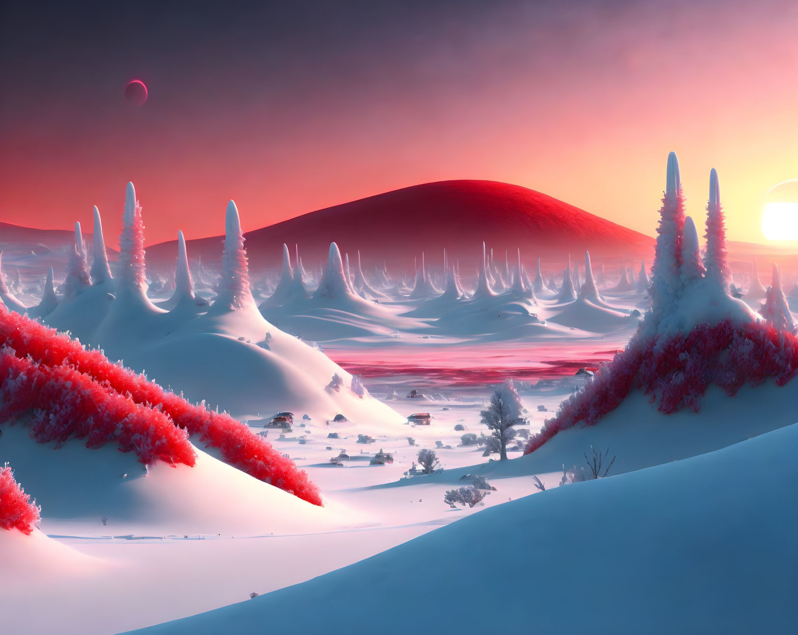 Snow-covered landscape with crimson foliage, spiky ice formations, red sky, setting sun, small