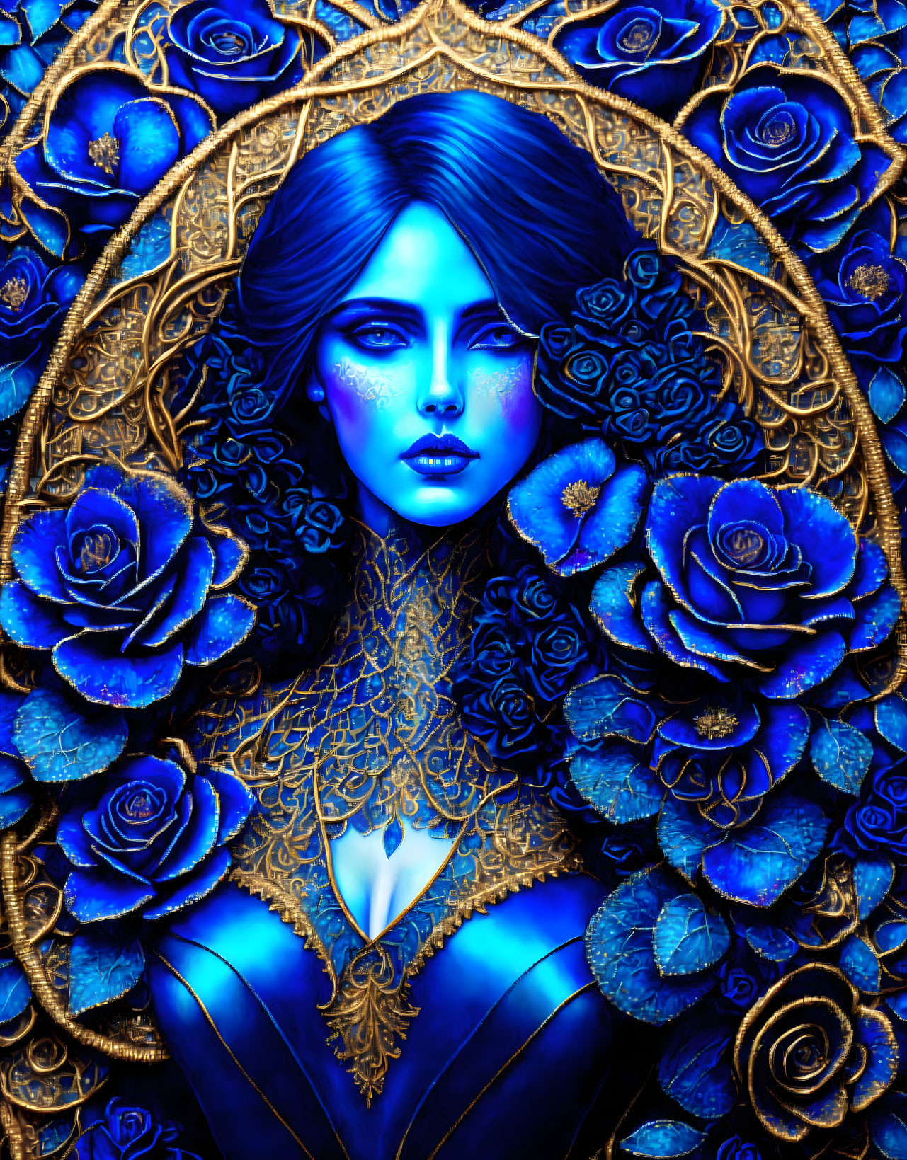 Blue-skinned woman with golden filigree and blue roses in mystical portrait