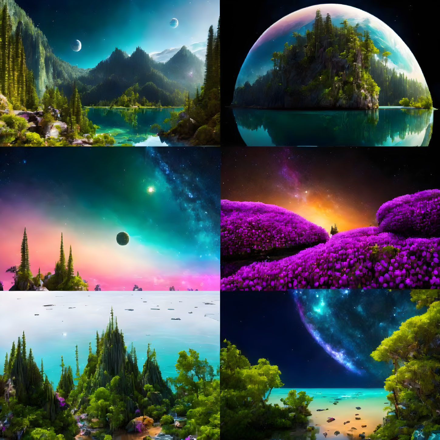 Vibrant Fantastical Landscapes with Celestial Bodies & Starry Skies