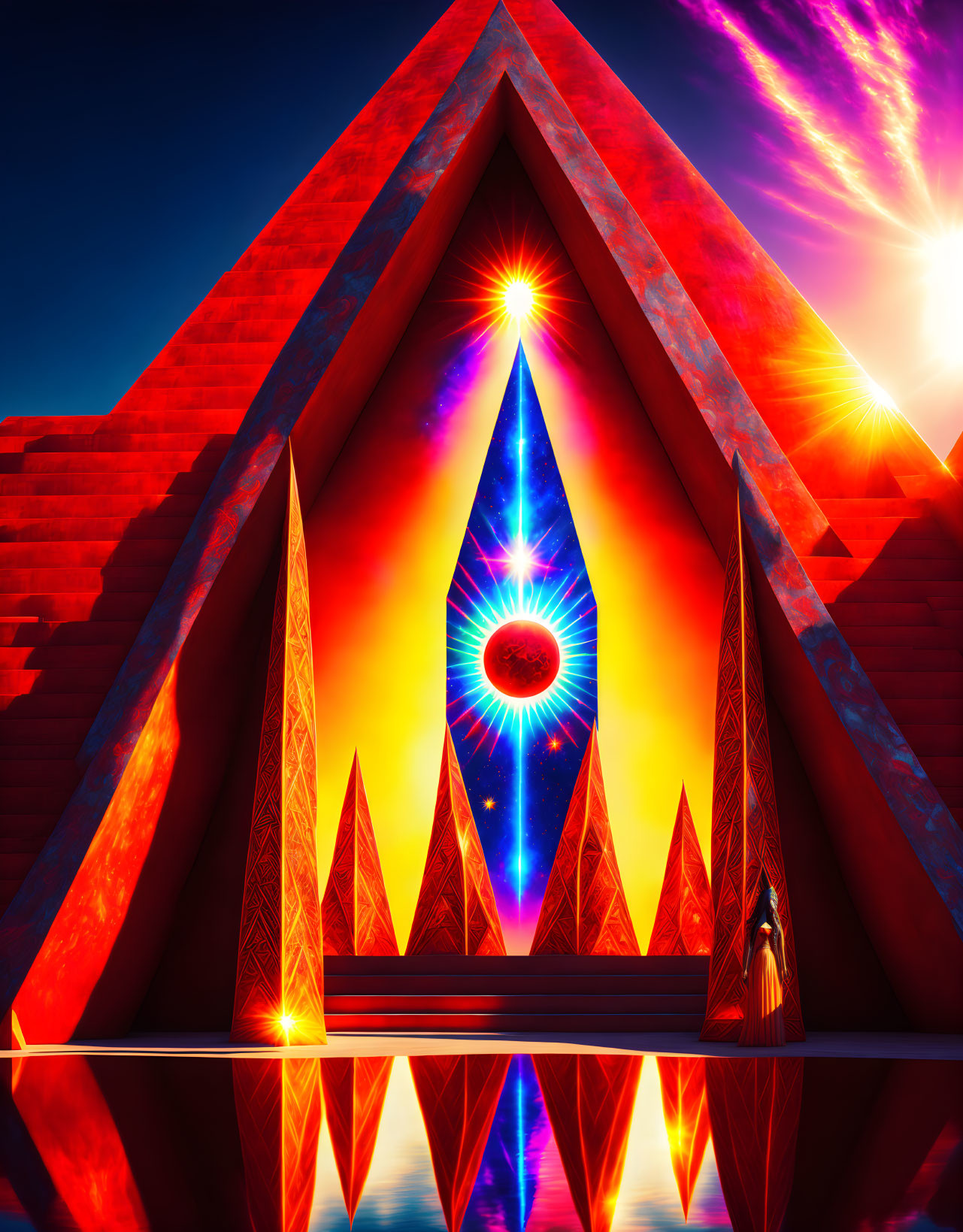 Digital art: Red pyramid with luminous eye design on water at sunset