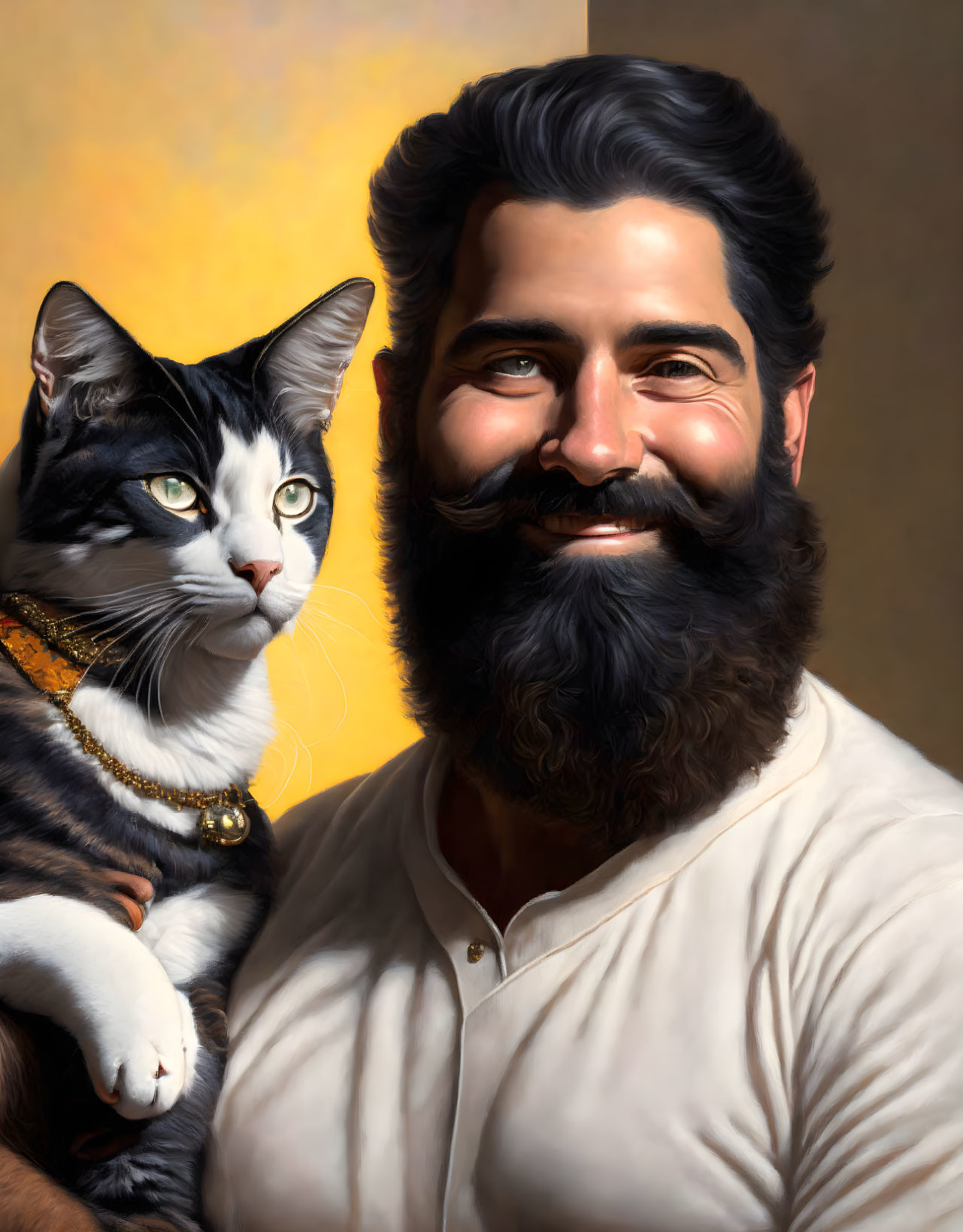 Bearded man smiling with black and white cat on warm backdrop