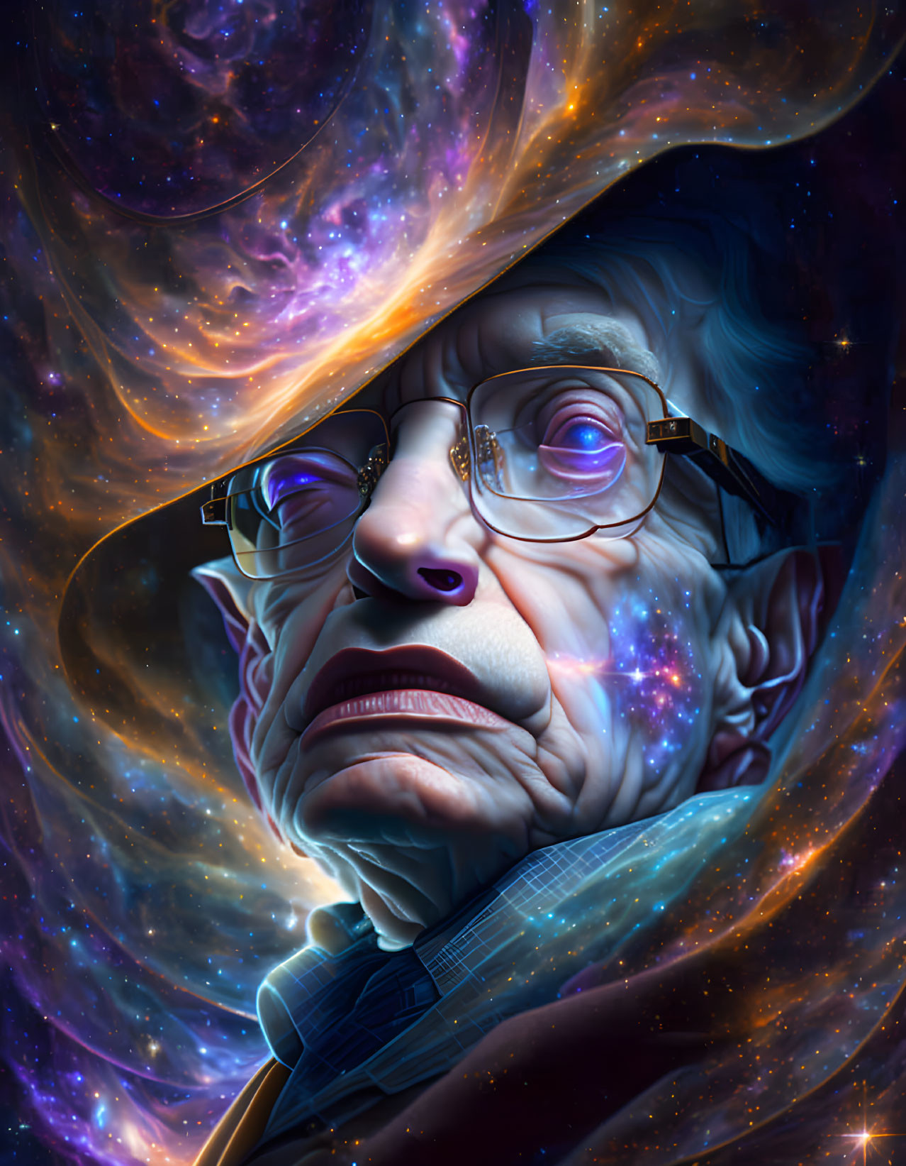 Elderly Man with Glasses in Cosmic Background