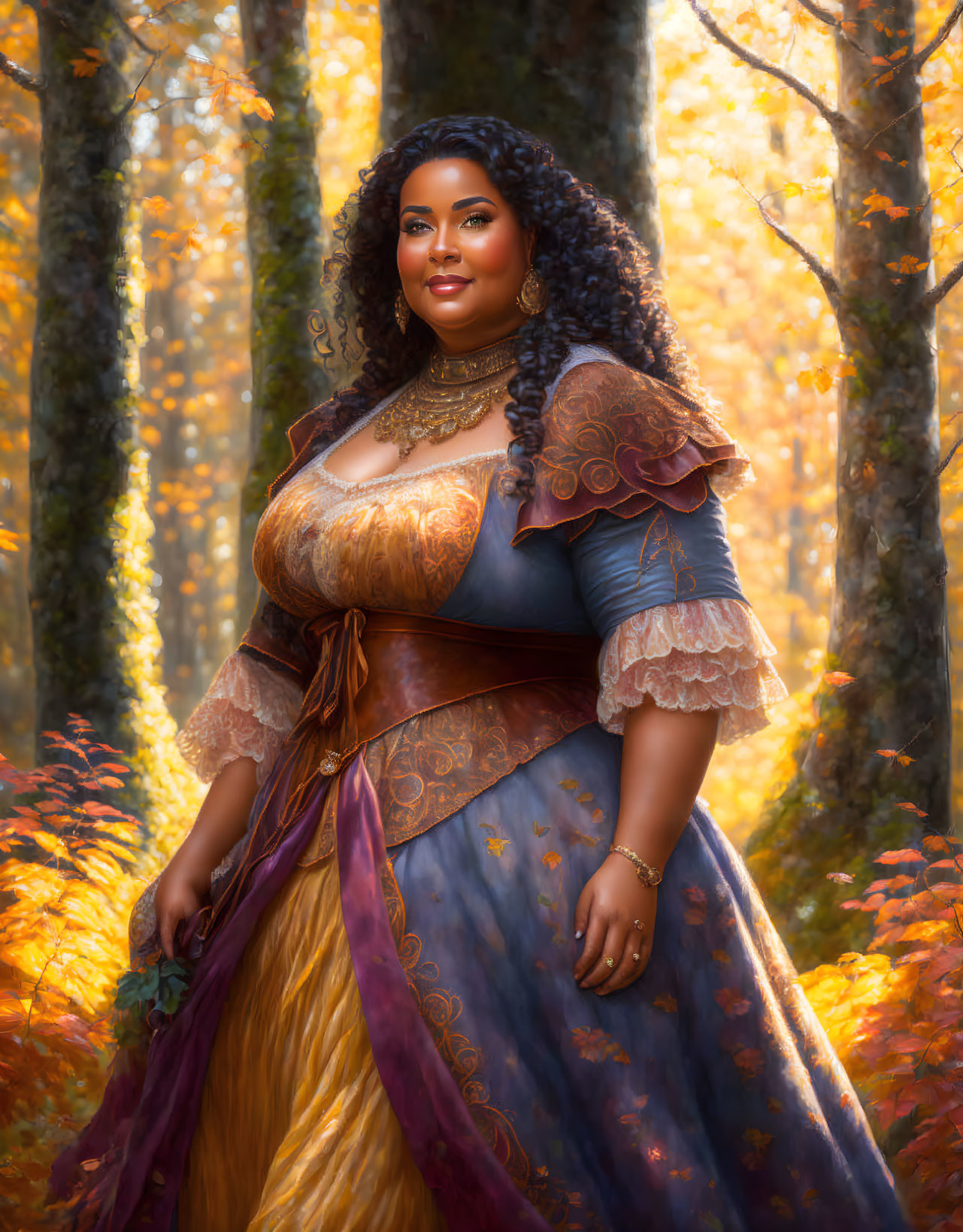 Regal Renaissance-style woman in autumn forest portrait