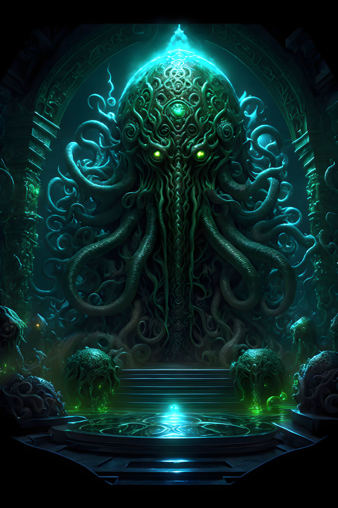 Mystical octopus-like entity with glowing green eyes and eerie runes.