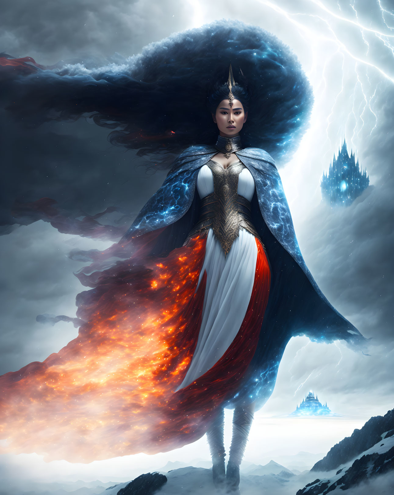 Fantastical female warrior in majestic armor against stormy sky