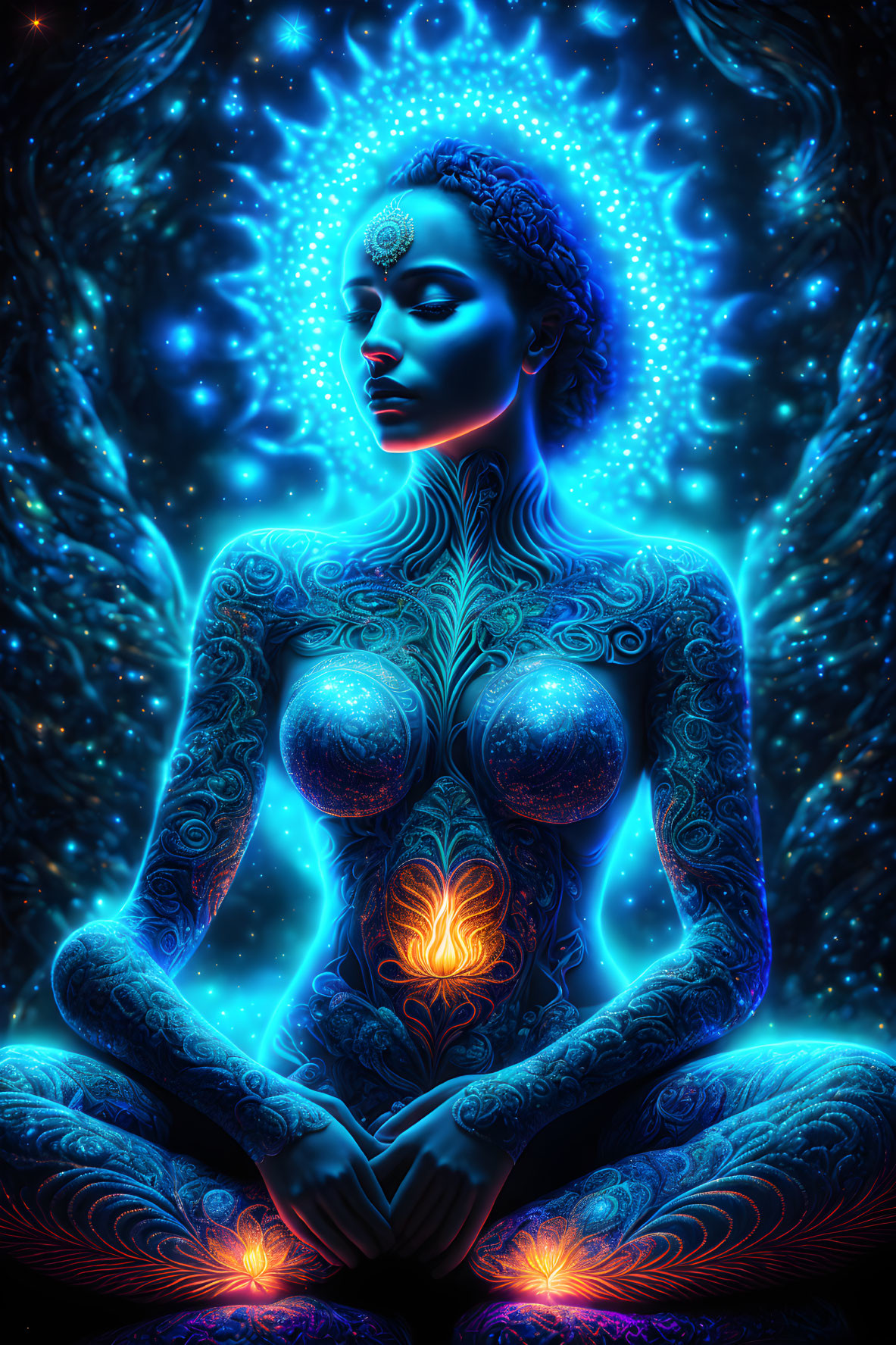 Colorful digital artwork: Woman in meditative pose with glowing patterns on cosmic background