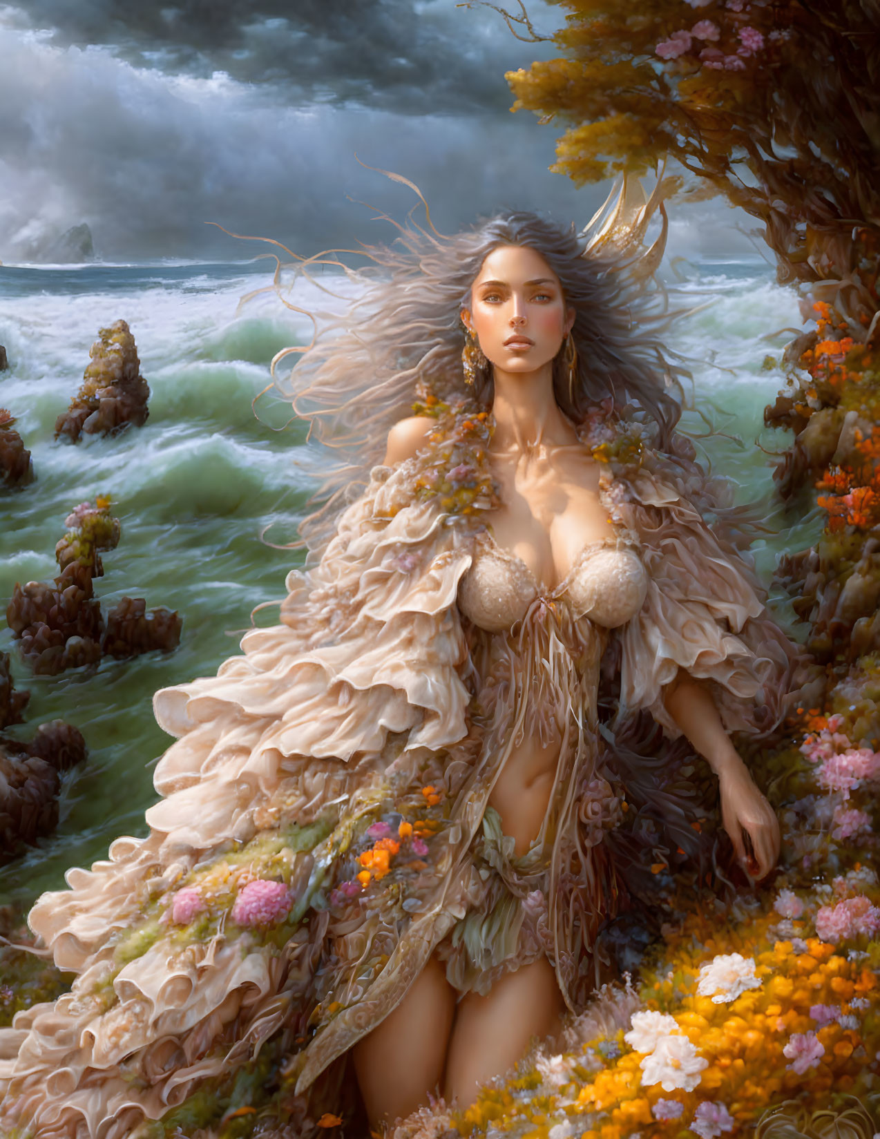 Fantastical woman in nature attire surrounded by colorful flowers and stormy seas.