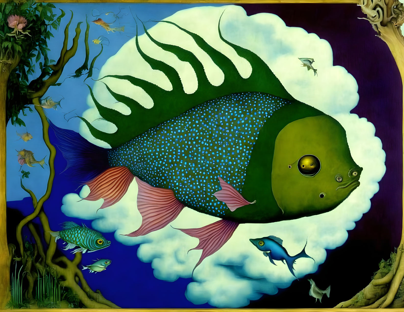 Vibrant painting of oversized fish, striped tail, colorful scales, pink foliage trees, blue sky