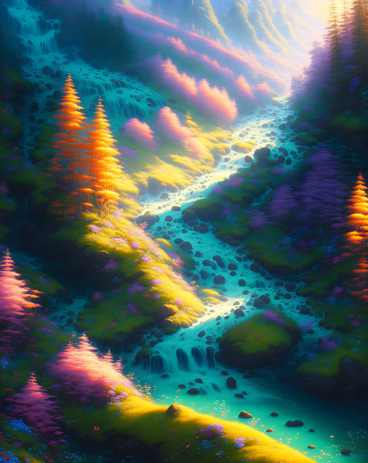 Fantasy landscape with sparkling river, luminous flora, and dreamy sky