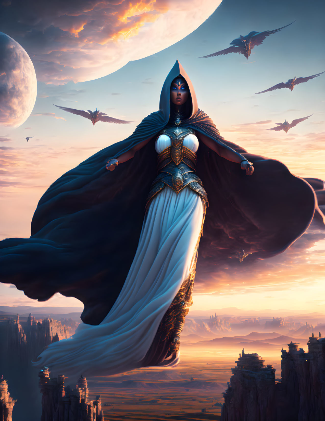 Hooded figure in ornate armor with dragons in a fantasy landscape