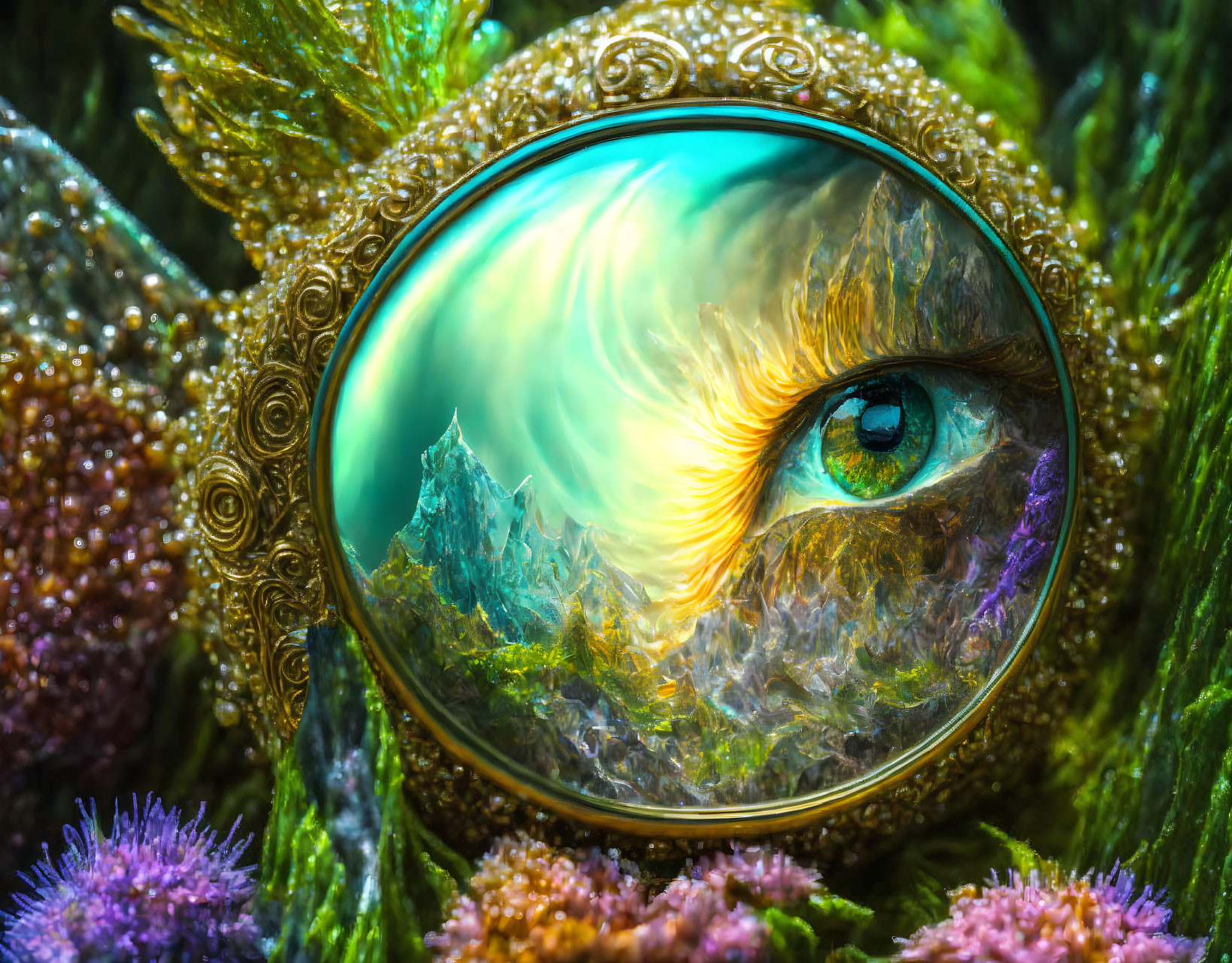 Surreal image: magnifying glass on human eye in colorful, fantastical scenery